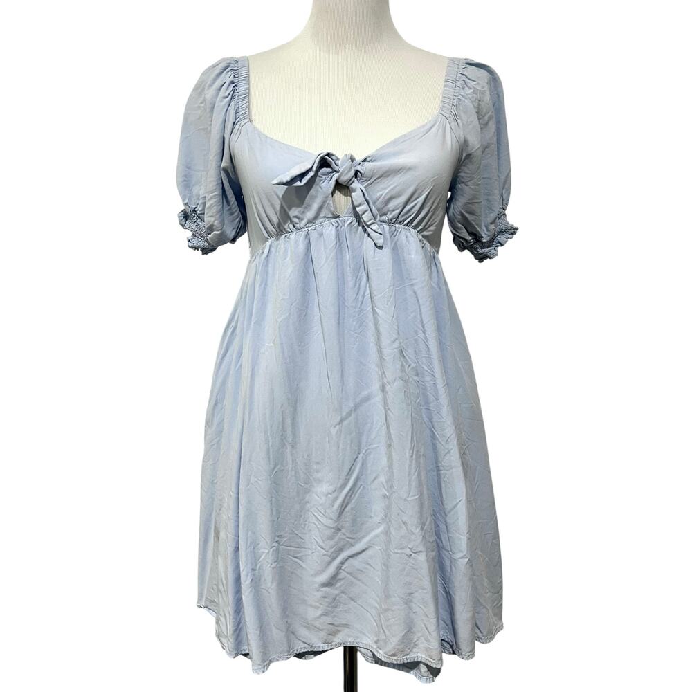 Altar’d State Dress Mini Tie Front Puff Sleeve Light Blue Empire Waist Womens M